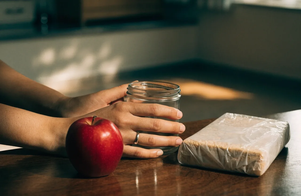 Tangan pedagang menata sayuran dan buah di lapak pasar pada siang hari