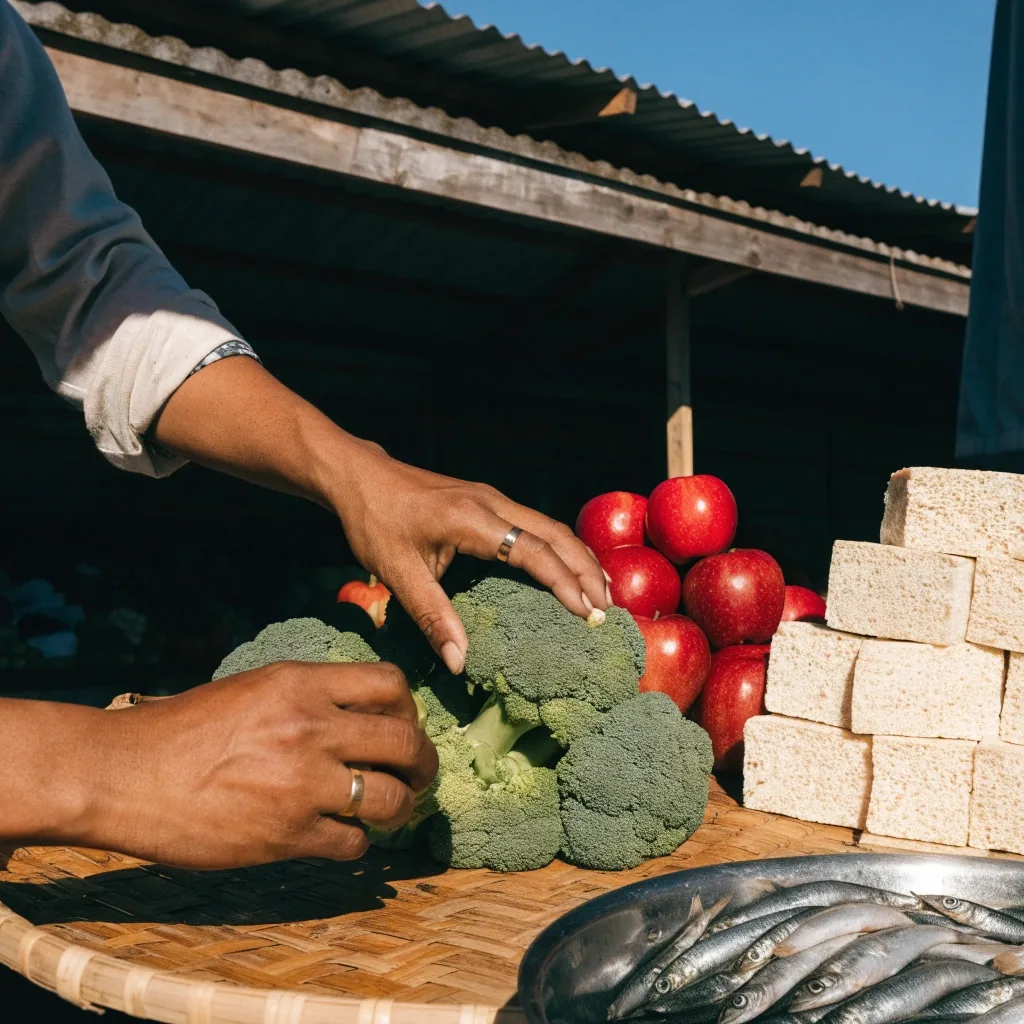 Apel utuh di atas kain linen di meja baja dengan potongan apel di sampingnya