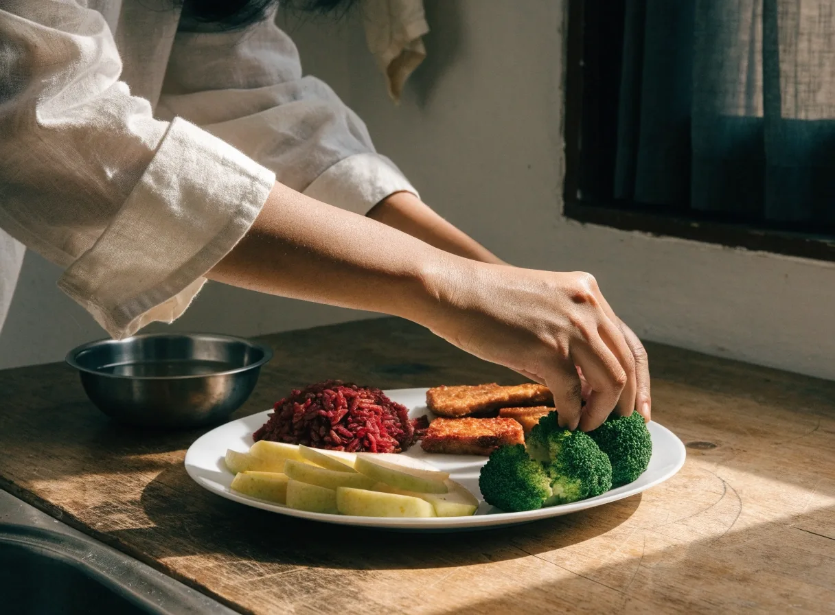 Piring keramik dengan setengah bagian berisi brokoli dan apel, seperempat tempe panggang, dan seperempat nasi merah