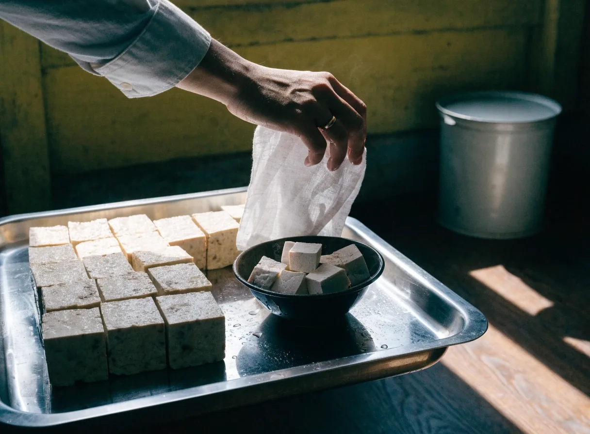 Potongan tempe dan tahu di atas nampan baja di dapur dengan cahaya tengah hari