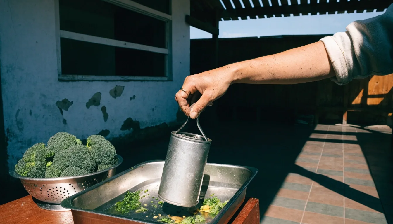 Tangan mengangkat kaleng sarden dari nampan baja di samping brokoli basah di dapur bercahaya tengah hari