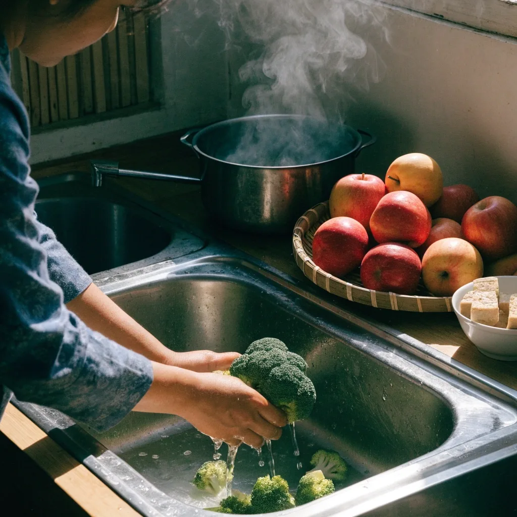 Meja persiapan di dapur beratap kanvas dengan brokoli dan tempe segar pada siang hari
