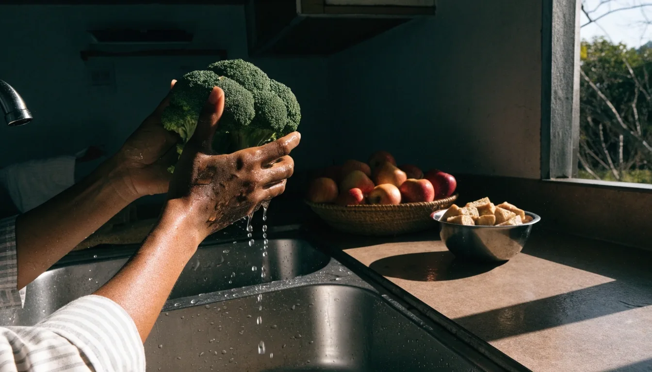 Brokoli basah yang baru dibilas di dalam colander keramik di dapur