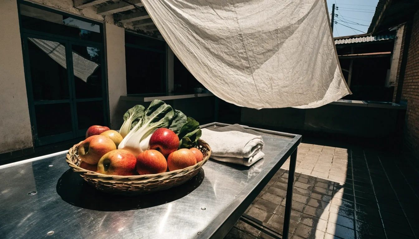 Meja dapur di halaman beratap kain pada siang hari, dengan keranjang apel dan lantai keramik yang lengang