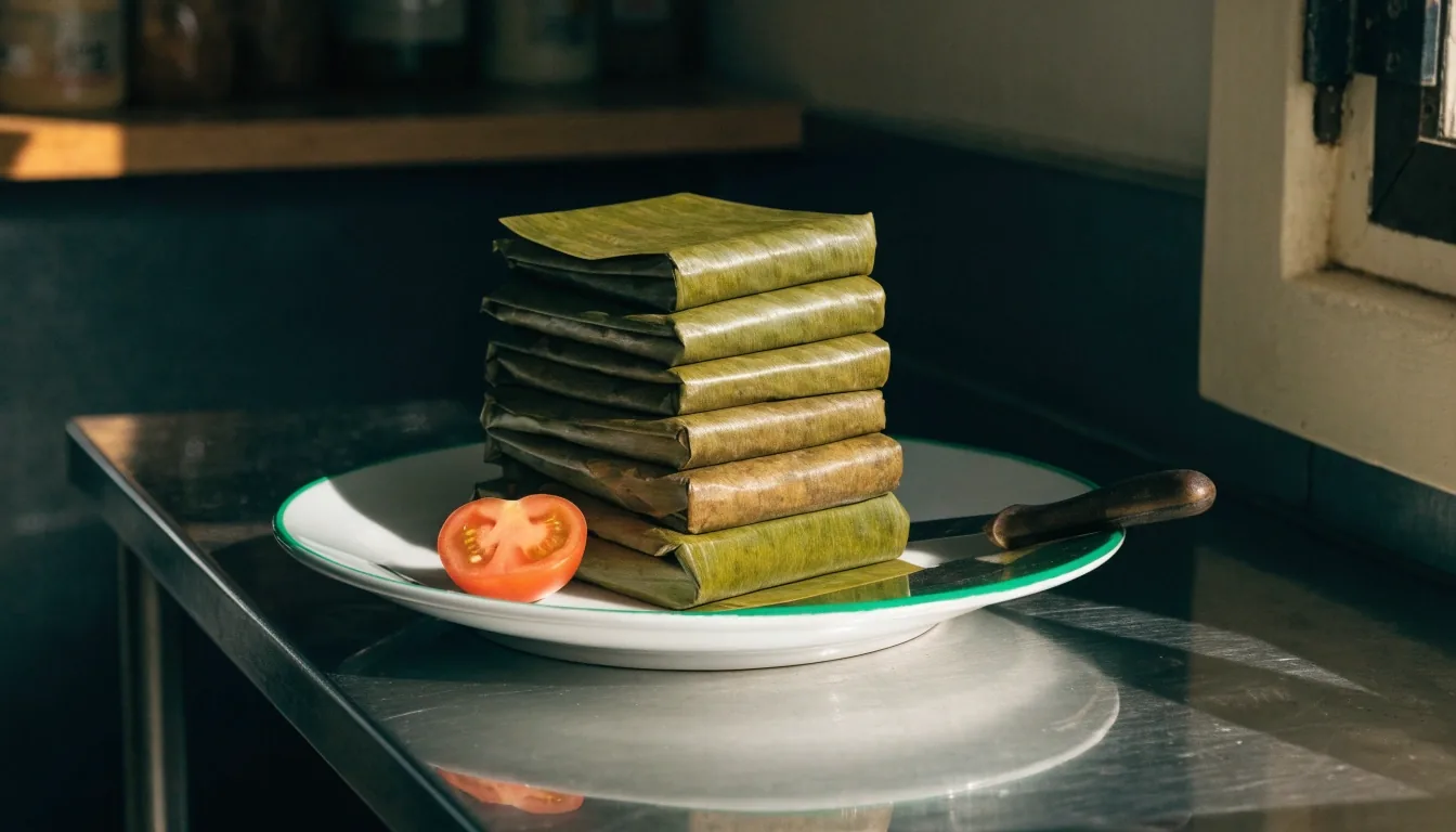 Tempe yang dibungkus daun pisang tersusun di atas piring keramik putih pada meja baja di dapur