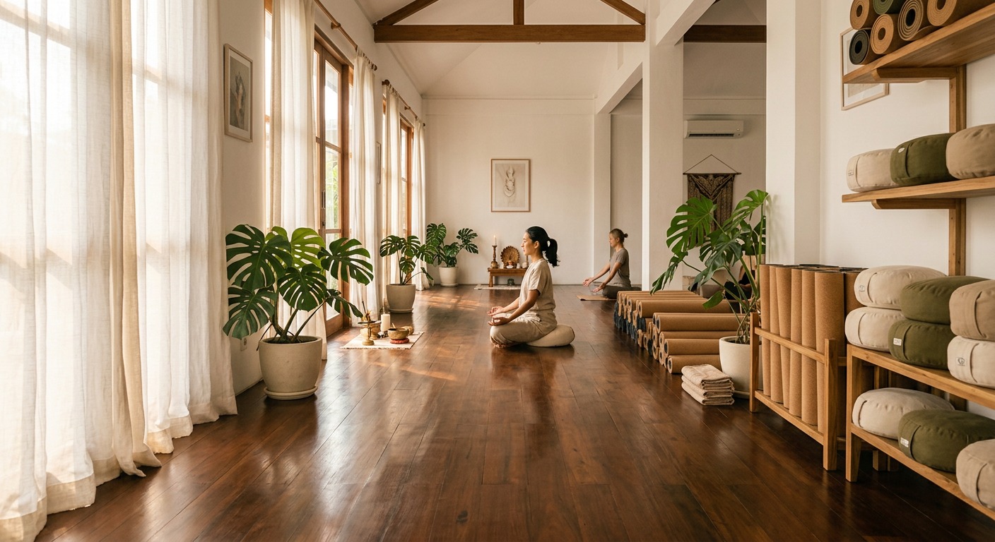 Serene modern yoga studio in Kemang Jakarta with natural sunlight and peaceful yogis